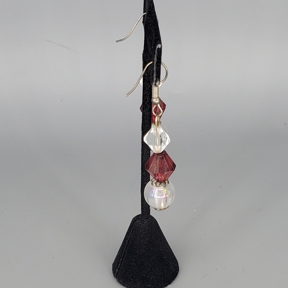 Plastic Clear and Burgundy Dangle Earrings and Burgundy Wooden Stretch Bracelet - Picture 4 of 9